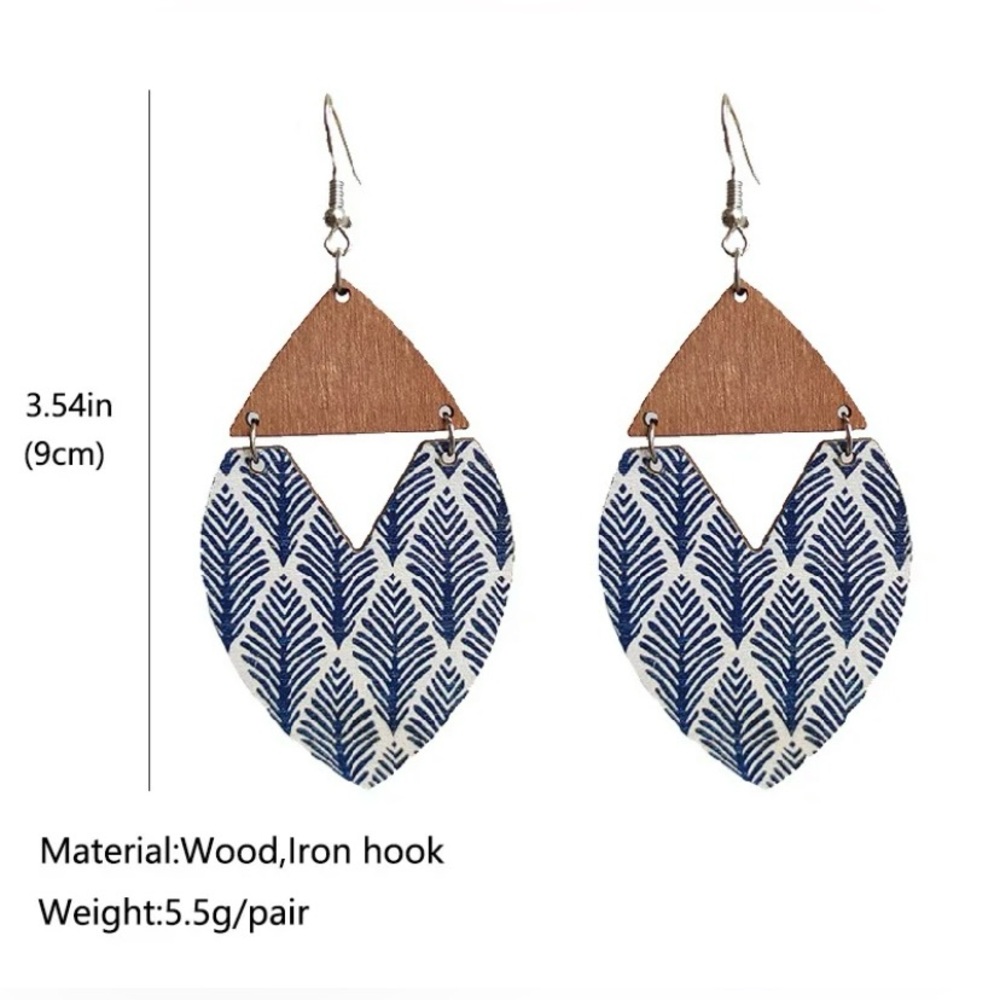Large Bohemian Geometric Triangle Wooden Leaf Pattern Earrings - Picture 4 of 4